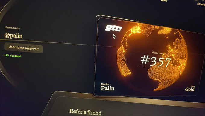 A digital wallet card design featuring a glowing orange globe, labeled 'gte', '#357', and 'Member: Pain' with 'Status Gold', alongside a reserved username '@pain'.