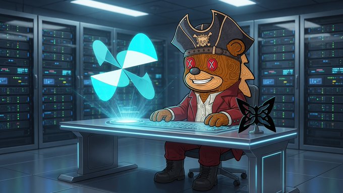 A cartoon illustration of a bear character dressed as a pirate with a tricorne hat and red jacket, sitting at a computer desk in a server room, with a glowing blue butterfly-like icon emanating from the keyboard.