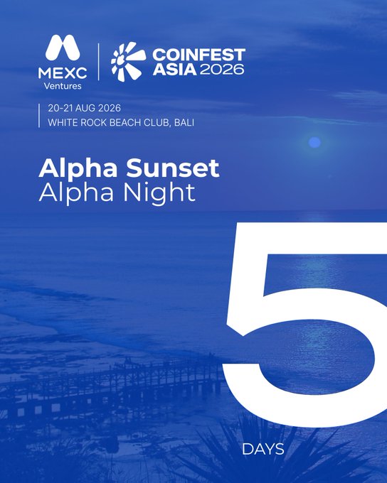 A blue-tinted promotional poster for 'Coinfest Asia 2026' presented by MEXC Ventures, scheduled for 20-21 August 2026 at White Rock Beach Club, Bali, highlighting 'Alpha Sunset / Alpha Night' with a '5 DAYS' countdown.
