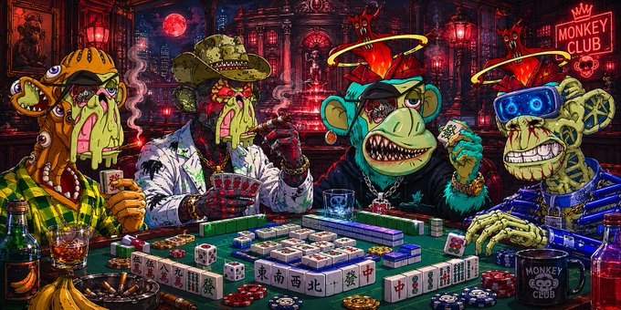 The image features a group of monkeys sitting around a table playing a game with cards. The monkeys appear to be engaged in a card game or poker session, as they hold their cards up for all to see. The scene takes place at a casino-like setting, which adds an element of excitement and entertainment to the gathering. The image also includes text that reads "An individual' strength is ultimately limited," suggesting that the monkeys are aware of their own limitations in terms of physical strength or power. Additionally, there's a reference to BAYC being popular among Chinese people, indicating its widespread appeal within the community.
