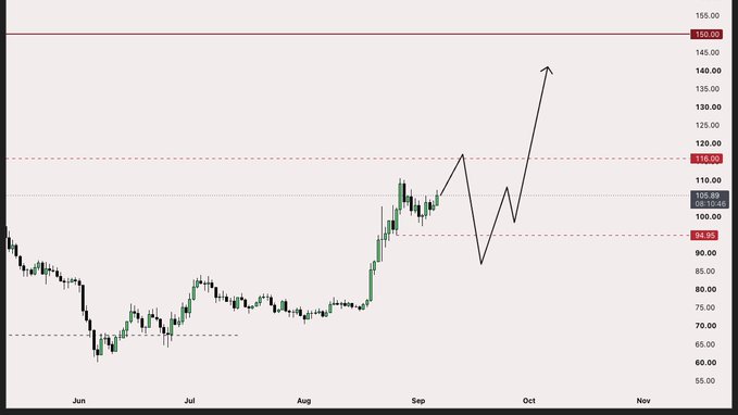 A financial candlestick chart showing price movements from June to November, with key price levels marked at 116.00, 105.89, 94.96, and 150.00, and a hand-drawn arrow indicating a sharp upward trend.