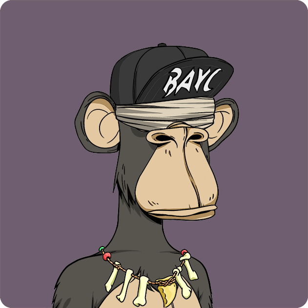 The Bored Ape Yacht Club NFT, a cartoon chimpanzee wearing a black cap labeled "BAYC," wrapped blindfold, and a bone necklace against a purple background.