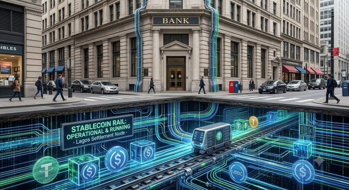 A digital illustration shows a bank labeled 'BANK' on a city street, with an underground cross-section labeled 'STABLECOIN RAIL: OPERATIONAL & RUNNING - Lagos Settlement Node' featuring cryptocurrency tokens like Tether, USDC, and dollar signs.