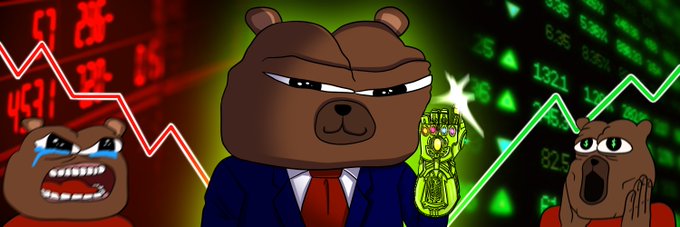 A cartoon meme featuring three brown bears—a crying bear on the left, a stoic bear in a suit holding a green gauntlet in the center, and a shocked bear on the right—set against a background of red falling and green rising stock market charts.