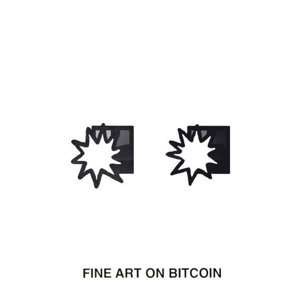 A minimalist black and white logo featuring two star burst symbols above the text 'FINE ART ON BITCOIN' on a white background.