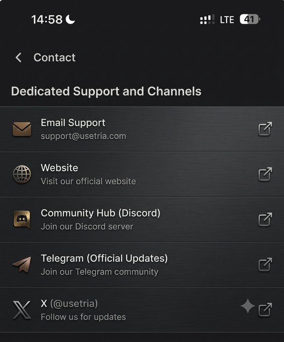 The image shows a phone screen displaying a list of options for contacting customer support from a company named @useTria. The options include email support, chat support, and a dedicated support page. The text indicates that the customer support team has impressed them with their quick response times and helpfulness in resolving issues.
