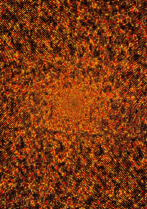An abstract circular pattern composed of textured orange, red, and black pixelated dots radiating outward from the center.