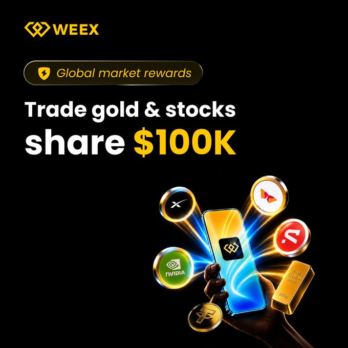 A promotional banner for WEEX's "Global market rewards" campaign, featuring a hand holding a smartphone surrounded by glowing icons representing assets like NVIDIA (NVDA), a Bitcoin (₿) coin, and a gold bar ($100K), advertising the chance to trade gold and stocks to share a $100K prize pool from August 13–31.