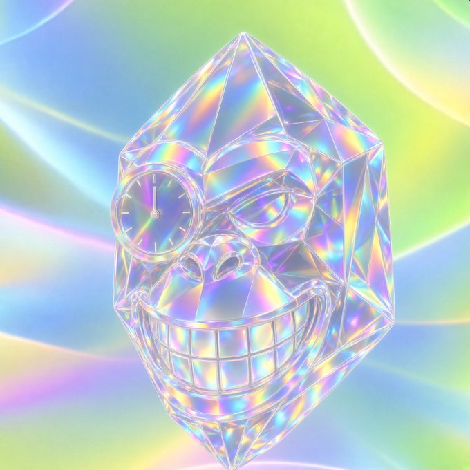 A digital artwork depicts a transparent, iridescent crystalline mask with a built-in clock face over one eye, set against a holographic, pastel background.