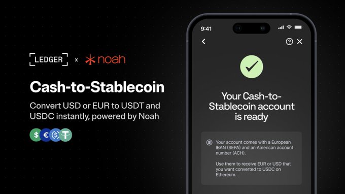 Ledger and Noah partner to offer Cash-to-Stablecoin, allowing users to convert USD or EUR to USDT and USDC instantly within Ledger Wallet, as shown by the confirmation screen stating "Your Cash-to-Stablecoin account is ready."