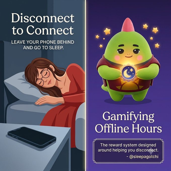 A two-panel promotional image for 'Gamifying Offline Hours' (@sleepagotchi) showing a woman sleeping with 'Disconnect to Connect - Leave your phone behind and go to sleep,' alongside a green gnome-like character holding a glowing moon medallion.