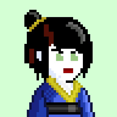 A pixel art portrait of a pale-skinned character with short black hair featuring a red streak, green eyes, and a blue and yellow garment against a light green background.