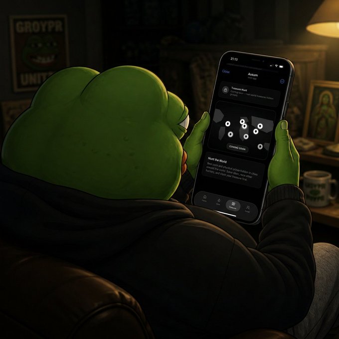 A green frog character wearing a hoodie looks at a smartphone displaying a "Hunt the Wrong" treasure hunt app with a map showing multiple location pins. The app interface, visible on the phone screen, shows text like "Ankuri," "Treasure Hunt," and a "CONNECT TON" button, illustrating the creator's vision for shipping interactive Telegram-based tools and social discovery apps like treasure hunts on the TON platform.