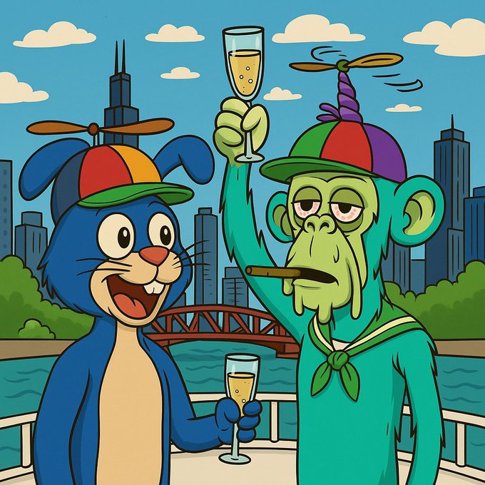 A cartoon illustration depicts a blue rabbit and a green monkey wearing propeller hats, holding champagne glasses in front of a city skyline.