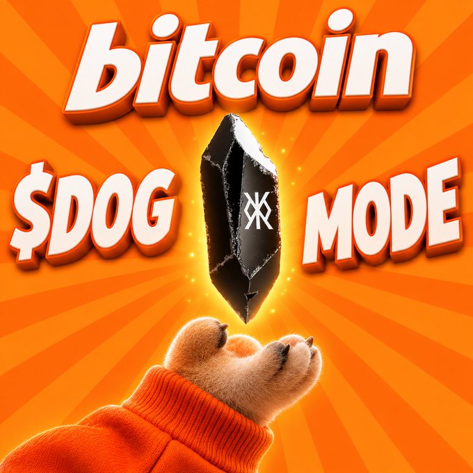 A graphic with an orange sunburst background displaying the text "bitcoin $DOG MODE" with a black crystal and cat paws wearing orange sweaters.