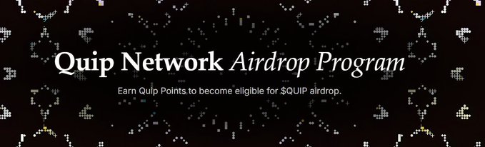 A banner with a black background and pixelated DNA helix pattern reads 'Quip Network Airdrop Program' and 'Earn Quip Points to become eligible for $QUIP airdrop.'