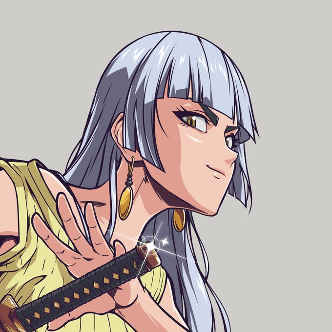A digital anime-style portrait of a female character with long silver hair, a yellow top, golden earrings, and a katana sword handle, looking to the side against a grey background.