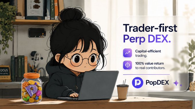 An illustration of a bespectacled character with a black bun working on a laptop at a desk with a jar of coins, alongside a panel advertising 'PopDEX' as a 'Trader-first Perp DEX' with 'Capital-efficient trading' and '100% value return to real contributors.'