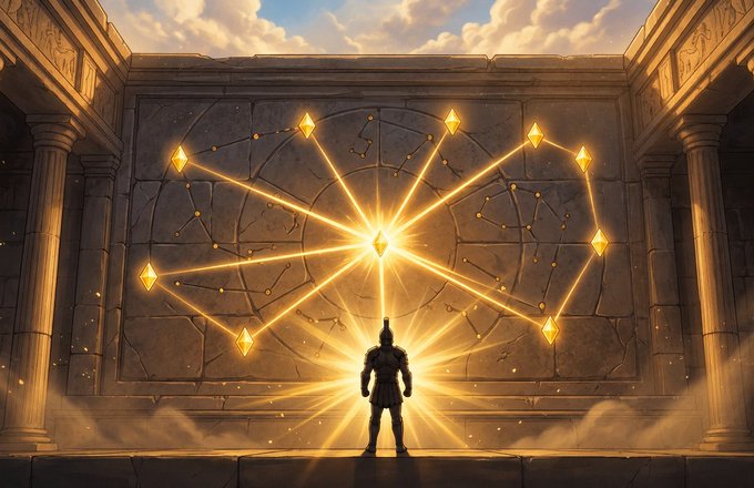 A fantasy-style illustration of a silhouetted warrior standing before an ancient stone wall etched with a glowing golden constellation-like pattern centered on a radiant diamond.