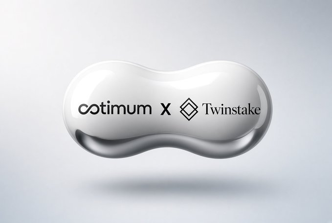 A glossy white 3D pill-shaped object featuring the 'coptimum x Twinstake' logos in black text.