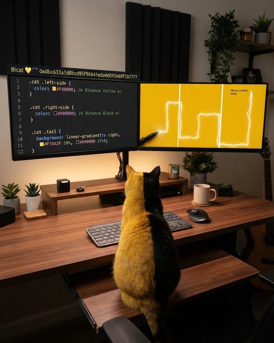 A calico cat with yellow and black fur sits attentively before a wooden desk, its coloring perfectly mirroring the post's sentiment 💛🖤 as it faces dual monitors displaying code referencing "Binance Yellow" (#F0B90B) and "Binance Black" (#000000) alongside a bright yellow screen with abstract white lines, with "Bicat" labeled in the corner.