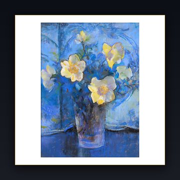 A framed blue-toned floral painting depicting a glass vase filled with yellow flowers against a textured blue background, displayed against a dark gray backdrop.