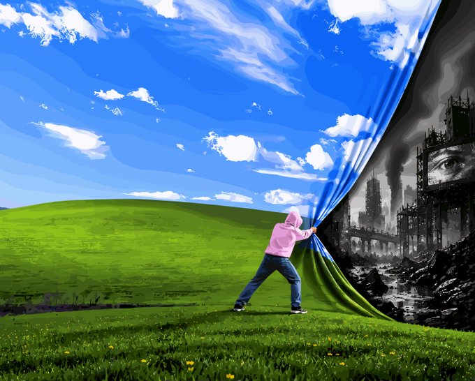 A digital artwork or wallpaper depicting a figure in a pink hoodie pulling back a green and blue scenic landscape to reveal a dark, dystopian industrial city underneath.