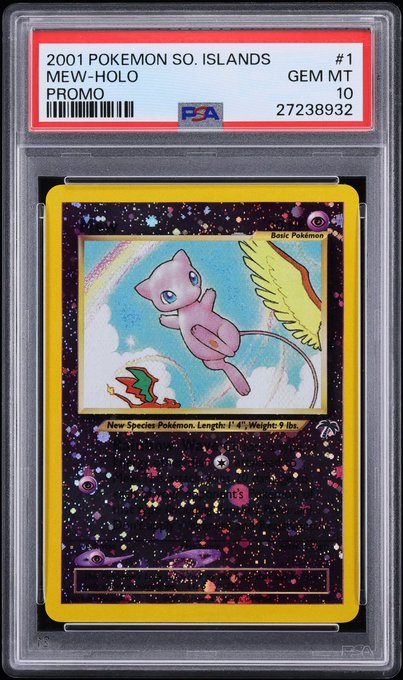 A PSA 10 graded reverse holo 2001 Pokemon Southern Islands Mew #1 promo card (serial #27238932) in its protective slab, featuring the iconic Mew artwork against a cosmic starry background, ready for sale as part of the collectible set mentioned in the post.