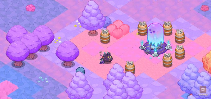 A screenshot from a colorful pixel-art video game featuring a purple-haired character on a pink path surrounded by stylized purple trees, barrels, and a glowing blue magical portal.