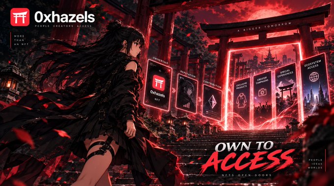 An anime-style promotional graphic for 'Oxhazels NFT' features a dark-haired female character before a red torii gate with the text 'OWN TO ACCESS' and 'A BIGGER TOMORROW'.