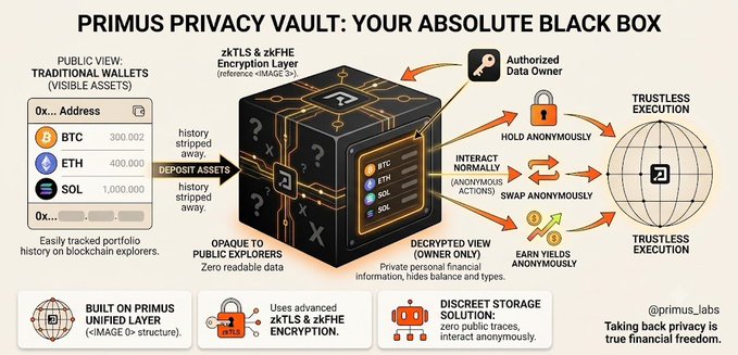 A diagram titled 'PRIMUS PRIVACY VAULT: YOUR ABSOLUTE BLACK BOX' explaining how zkTLS and zkFHE encryption hides cryptocurrency assets from public explorers while allowing private interactions.