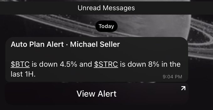 An iPhone notification screen displays an "Unread Messages" alert from "Auto Plan Alert · Michael Seller" timestamped 9:04 PM, reading "$BTC is down 4.5% and $STRC is down 8% in the last 1H." with a "View Alert" button below. The image illustrates the Elfa Auto Plan service delivering real-time market alerts, as promoted in the accompanying post about tracking Bitcoin and STRC price drops.