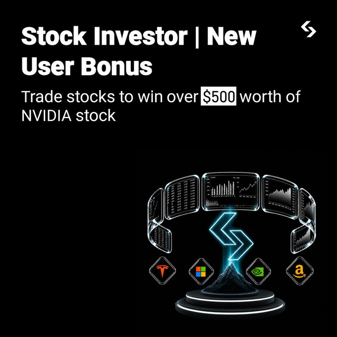 A promotional graphic announces a "Stock Investor | New User Bonus" offering over $500 worth of NVIDIA stock for new users who trade, featuring stylized stock charts and logos including Tesla, NVIDIA, and Amazon on a dark background—visually reinforcing the rToken trading promotion tied to rNVDA rewards.