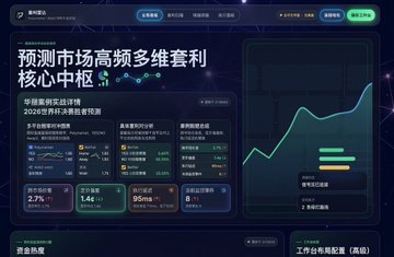 A dashboard-style promotional graphic for "Bubble AI" (dappOS_com) displays Chinese text including "预测市场高频多维套利核心中枢" (Prediction Market High-Frequency Multi-Dimensional Arbitrage Core Hub) alongside data cards showing "套利指数历史走势" with metrics like 27%, 5.40%, and 56%, plus a rising line chart on the right. The image visually supports the post's message by showcasing a platform designed to capitalize on price and information arbitrage opportunities across prediction markets like Polymarket.