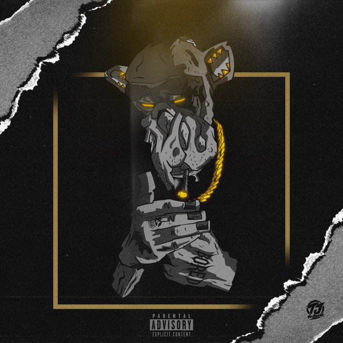An illustrated album cover featuring a figure in tactical gear with glowing yellow eyes holding a weapon, displayed within a gold frame against a black background with torn paper edges, including a 'Parental Advisory Explicit Content' label.