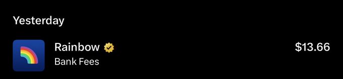 A mobile app screen showing a transaction labeled 'Yesterday' for 'Rainbow' under 'Bank Fees' for $13.66, with a verified checkmark.