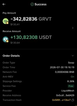 A successful swap transaction confirmation showing the exchange of -342.82836 GRVT for +130.82308 USDT on LiquidMesh, with order details and a transaction hash from July 30, 2026.