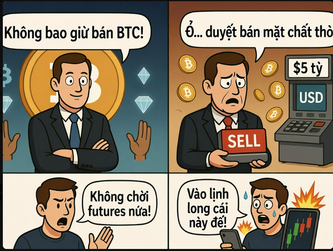 A four-panel comic showing a man's changing attitude toward cryptocurrency: he confidently declares 'Không bao giờ bán BTC!' (Never sell BTC!), then reluctantly approves selling due to financial pressure, then vows 'Không chơi futures nữa!' (No more futures!), and finally panics as he says 'Vào lịnh long cái này đễ!' while watching a crashing chart.