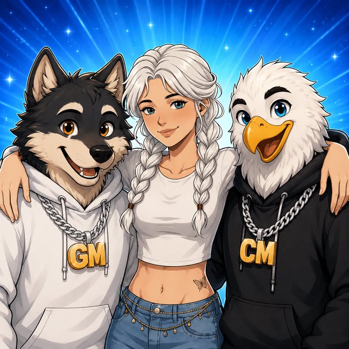 The image features a cartoon girl with blonde hair wearing a white shirt and blue jeans standing next to two cartoon birds - one black and one gray - who are also wearing hoodies. The girl has a chain around her neck, adding a unique touch to her outfit. The background of the image is a bright blue sky filled with stars, creating an interesting contrast between the dark silhouettes of the cartoon birds against the vibrant sky.