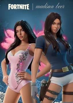 The promotional image showcases two Fortnite character skins featuring Madison Beer, with "FORTNITE | madison beer" text displayed at the top, one outfit in a pink bodysuit with floral accents and the other in a navy blue tactical outfit with a holster, matching the announcement of the 27-year-old pop star joining the kid-friendly game.