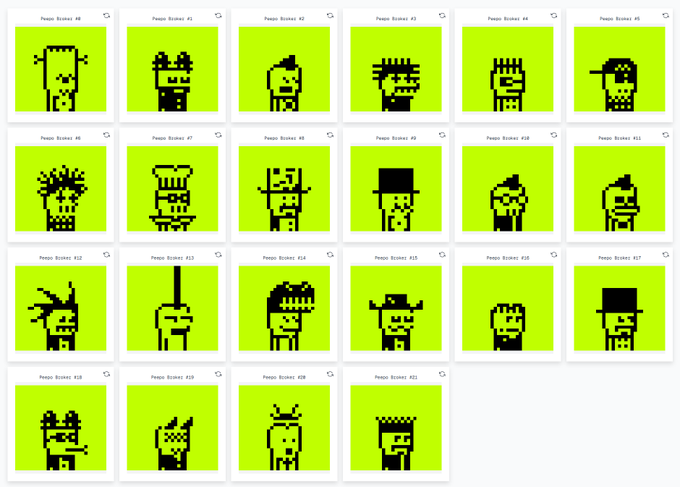 A grid of 22 pixel art portraits on bright green backgrounds, each labeled 'Peeps Ecores' with a number and labeled as K21, K22, etc.