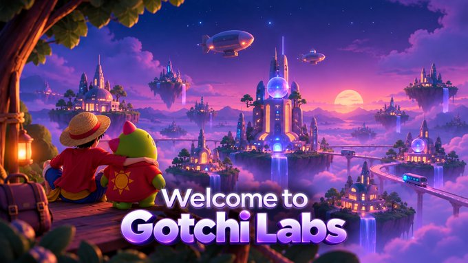 A colorful fantasy illustration with the text 'Welcome to Gotchi Labs', showing two characters looking out over a magical landscape of floating islands, castles, and airships at sunset.