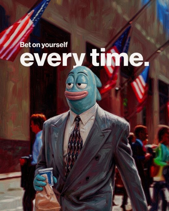 A meme-style image of a blue fish-headed character in a gray suit and tie holding a coffee cup and brown paper bag on a city street with American flags, captioned "Bet on yourself every time."