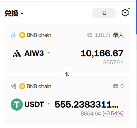 The image shows a crypto swap interface on BNB Chain, exchanging 10,166.67 AIW3 tokens (valued at $557.61) for approximately 555.24 USDT. This relates to the post about an AIW3 airdrop project, suggesting the user is converting their received AIW3 tokens into USDT stablecoin.