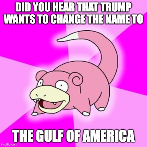 A meme featuring the Pokémon Slowpoke with text reading 'DID YOU HEAR THAT TRUMP WANTS TO CHANGE THE NAME TO THE GULF OF AMERICA' on a pink starburst background.