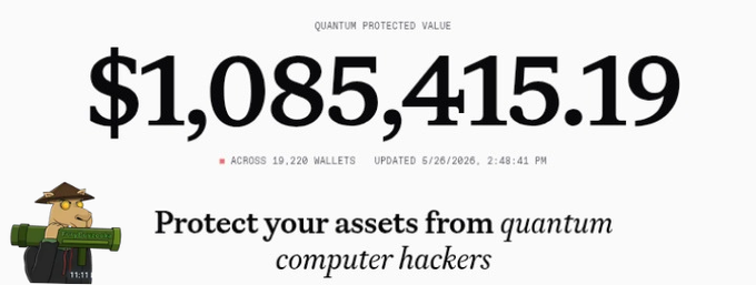 The image shows a cartoon character wearing glasses with a gun, standing next to a banner that says "Quantum Protected Value" and displays the number "$1,085,415". The text below the banner reads "Protect your assets from computer hackers", indicating that the character is promoting the idea of protecting one's digital assets from potential threats.