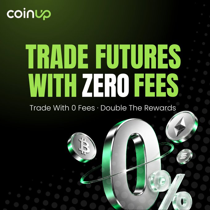 A CoinUp promotional graphic with a black background advertises "TRADE FUTURES WITH ZERO FEES" in bold green and white text, accompanied by 3D renderings of Bitcoin and Ethereum coins orbiting a large metallic "0%" symbol. The tagline "Trade With 0 Fees · Double The Rewards" reinforces the platform's zero-fee futures trading campaign highlighted in the accompanying post.