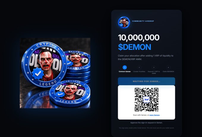 A crypto community airdrop page for '10,000,000 $DEMON' featuring tokens with a horror-style face design and a QR code to claim the offer.