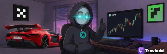 A stylized cartoon character with glowing blue eyes gives a thumbs-up in front of a monitor displaying the "$KAS" ticker chart on a bullish green-and-red candle graph, with a red sports sports car (license plate "TRAVLADD") and gaming accessories in the background. The image visually reinforces the post's invitation to join a free, community-driven trading room.