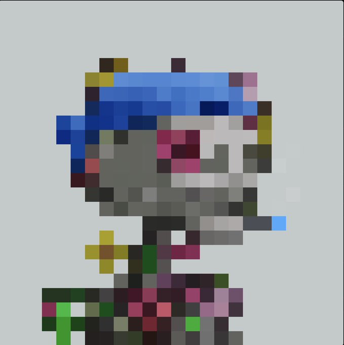A heavily pixelated, glitch-style digital artwork depicts an abstract humanoid character with a blue head covering, visible teeth, and colorful patchwork body segments against a plain gray backdrop.